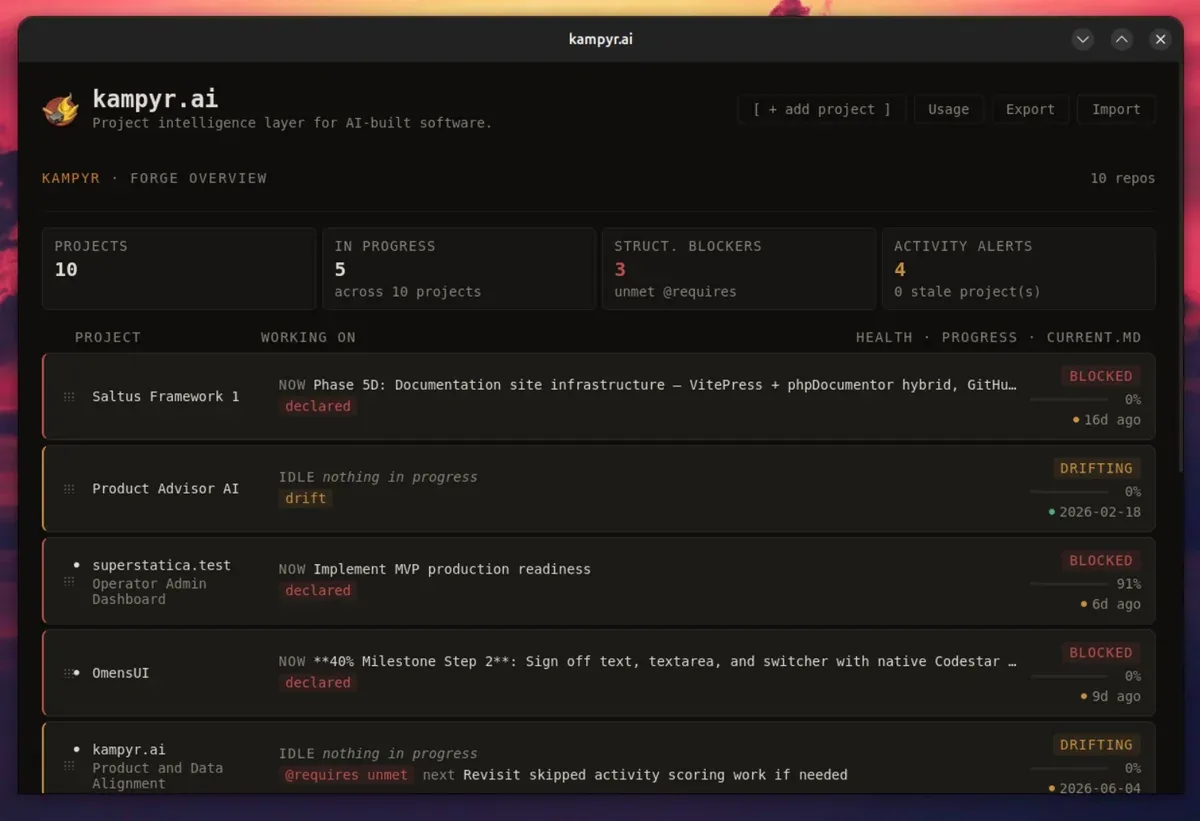 Kampyr operating console showing the nav rail, metrics, and activity feed with forge backdrop