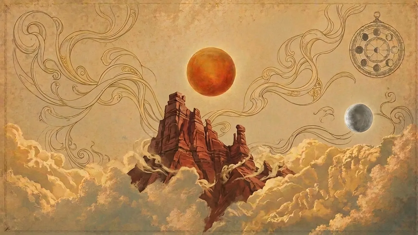 Red rock spires rising above an ocean of cloud