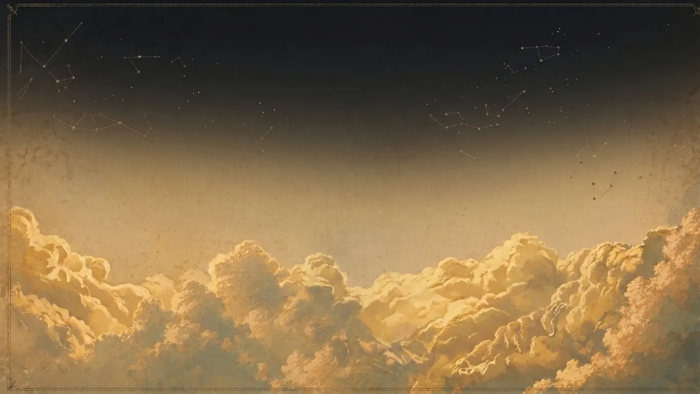 Constellations drawn in ancient ink across warm clouds