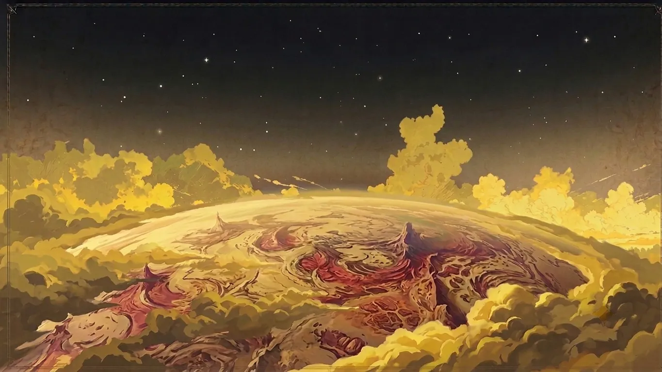 A curved hemisphere of green terrain cradled by golden cloud